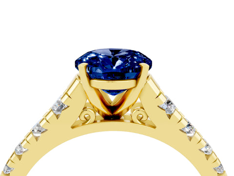 Yellow gold Oval Cut Blue Sapphire Solitaire Ring with Cathedral Setting and Pavé Band_4