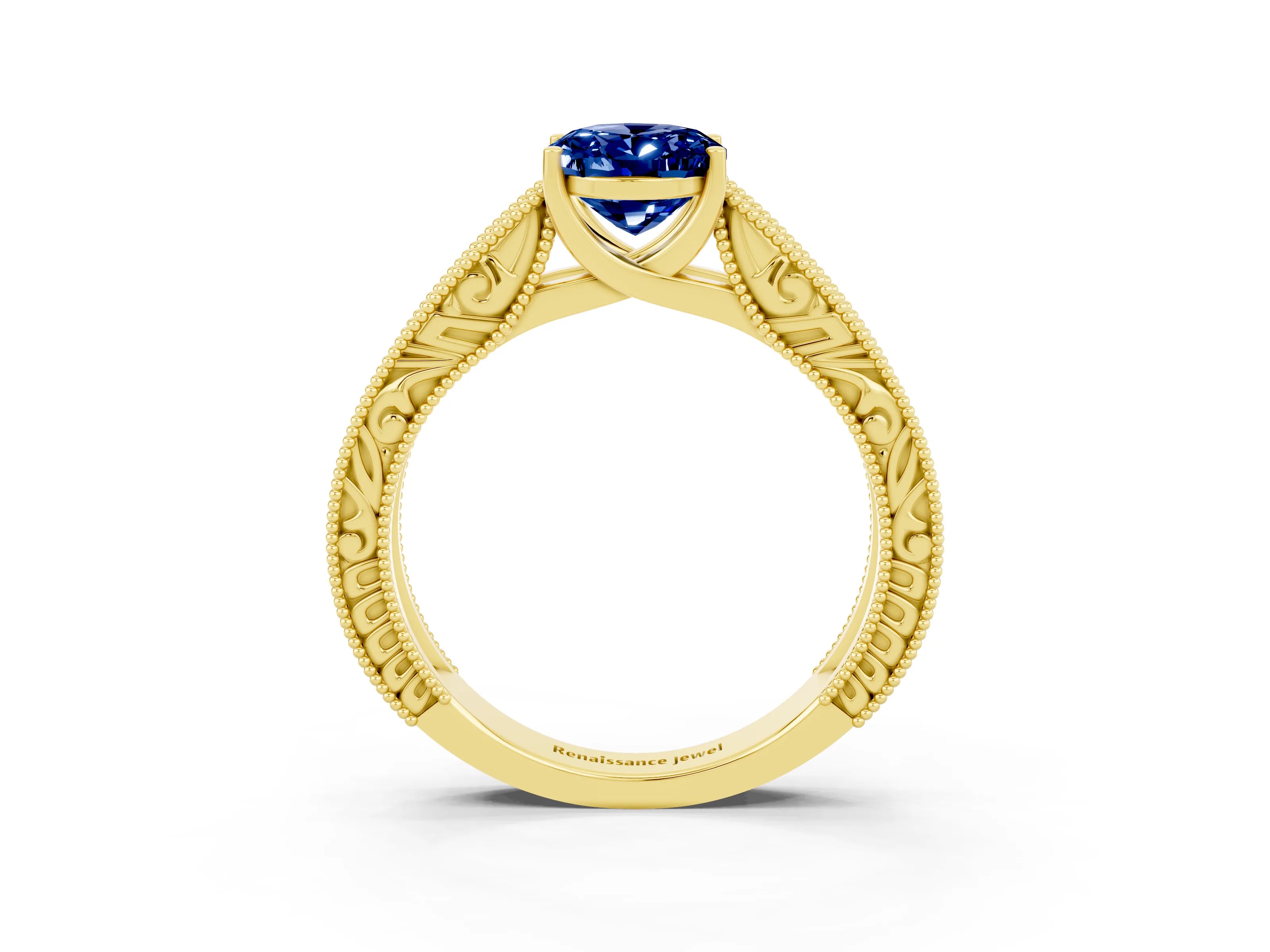 Yellow gold Oval Cut Blue Sapphire Solitaire Ring with Engraved Band and Four-Prong Setting_3