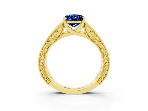 Yellow gold Oval Cut Blue Sapphire Solitaire Ring with Engraved Band and Four-Prong Setting_3