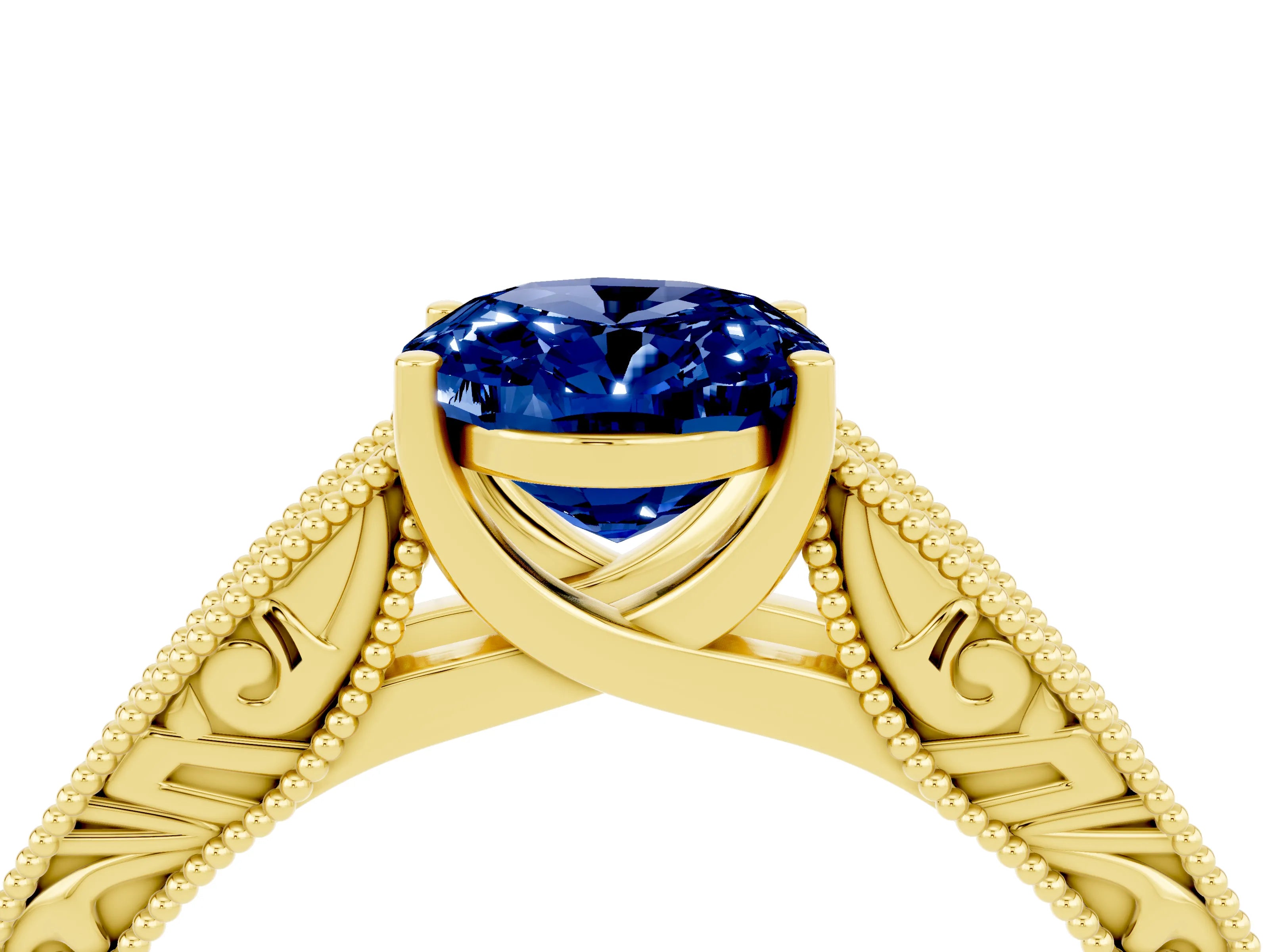 Yellow gold Oval Cut Blue Sapphire Solitaire Ring with Engraved Band and Four-Prong Setting_4