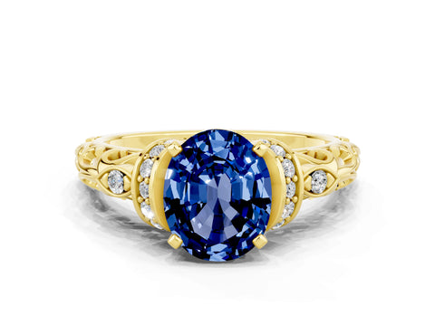 Yellow gold Oval Cut Blue Sapphire Solitaire Ring with Filigree Band and Four-Prong Setting_24