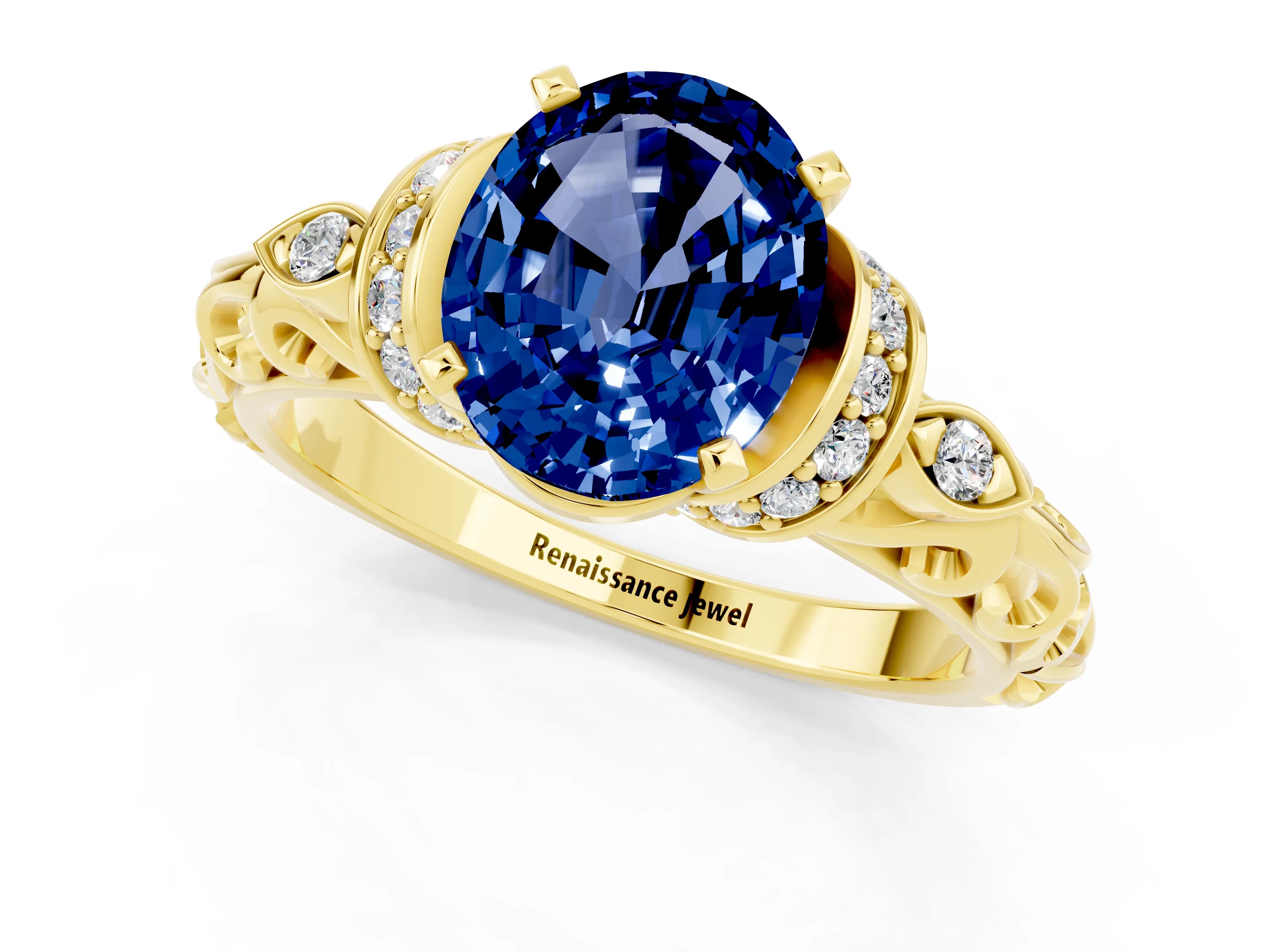 Yellow gold Oval Cut Blue Sapphire Solitaire Ring with Filigree Band and Four-Prong Setting_25