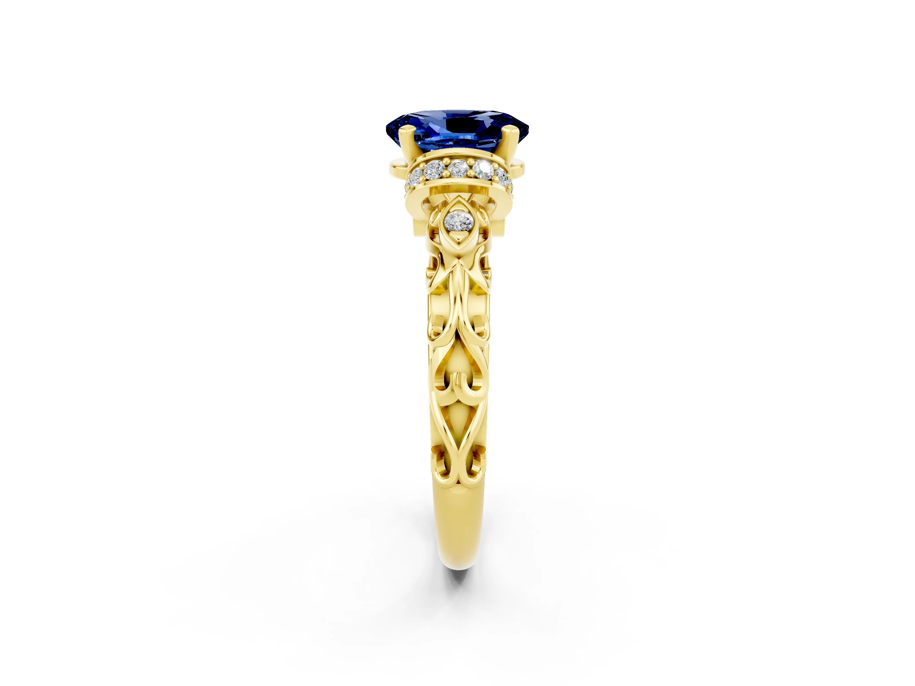 Yellow gold Oval Cut Blue Sapphire Solitaire Ring with Filigree Band and Four-Prong Setting_26