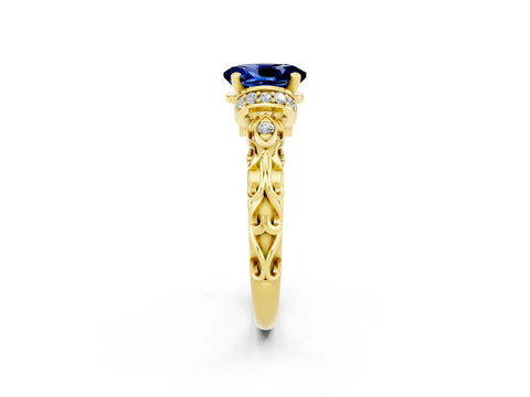 Yellow gold Oval Cut Blue Sapphire Solitaire Ring with Filigree Band and Four-Prong Setting_26