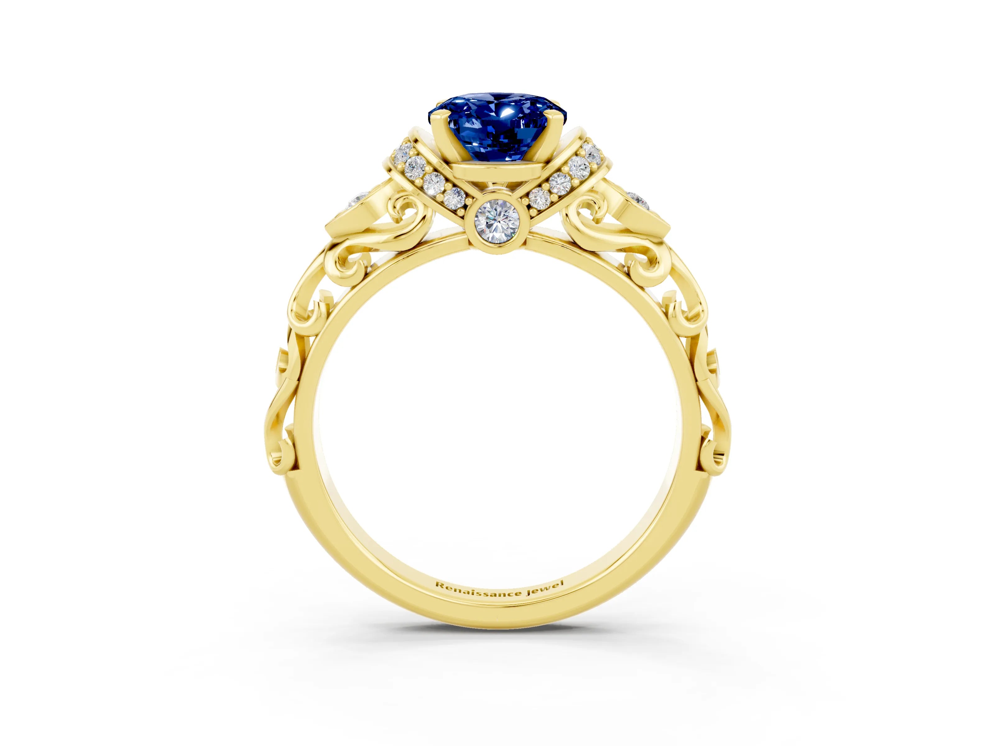 Yellow gold Oval Cut Blue Sapphire Solitaire Ring with Filigree Band and Four-Prong Setting_27
