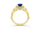 Yellow gold Oval Cut Blue Sapphire Solitaire Ring with Filigree Band and Four-Prong Setting_27