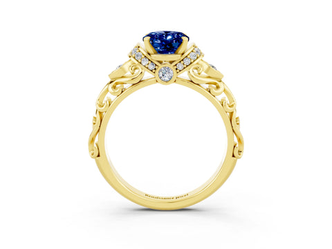 Yellow gold Oval Cut Blue Sapphire Solitaire Ring with Filigree Band and Four-Prong Setting_27