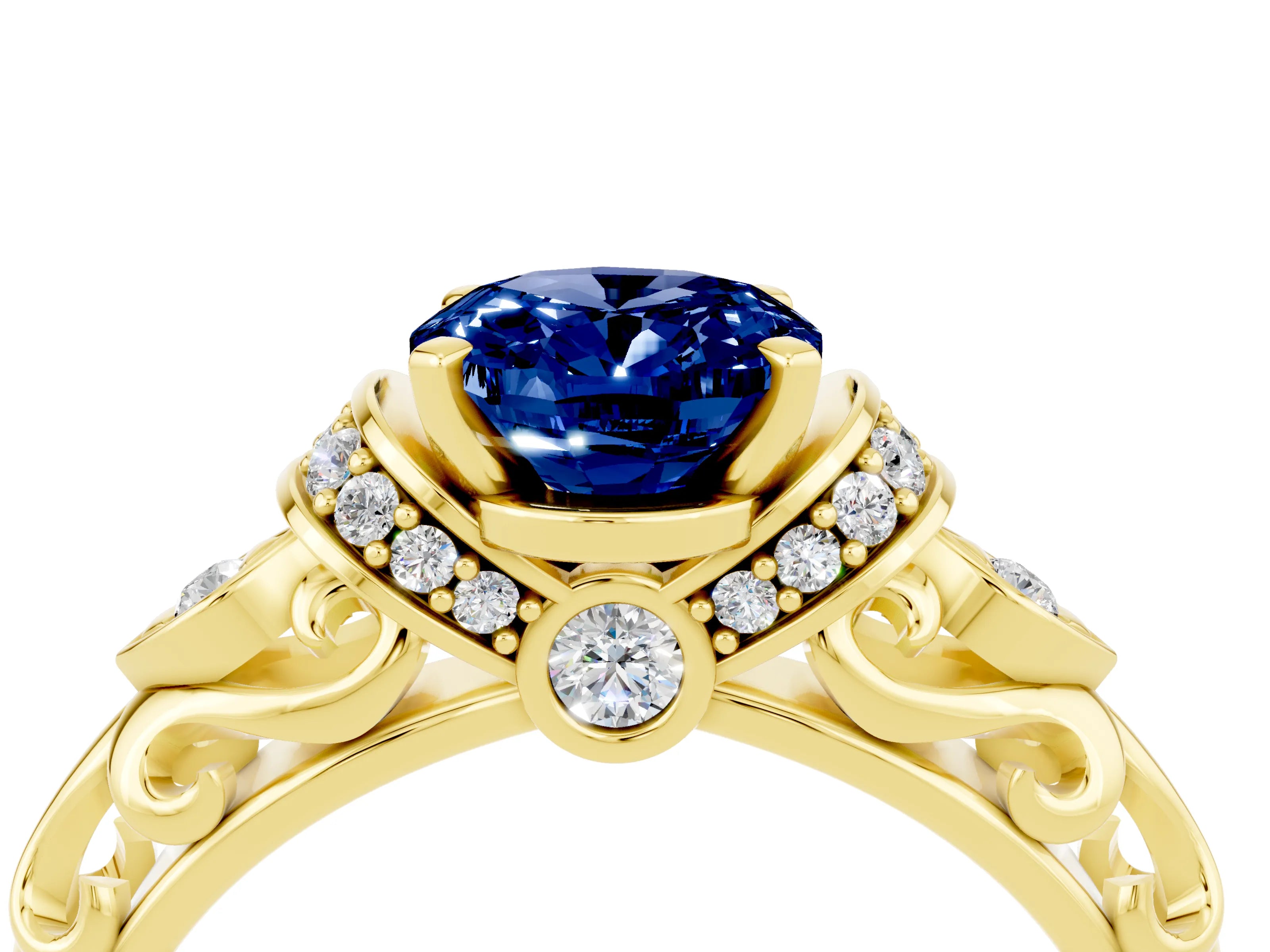 Yellow gold Oval Cut Blue Sapphire Solitaire Ring with Filigree Band and Four-Prong Setting_28