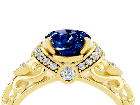 Yellow gold Oval Cut Blue Sapphire Solitaire Ring with Filigree Band and Four-Prong Setting_28