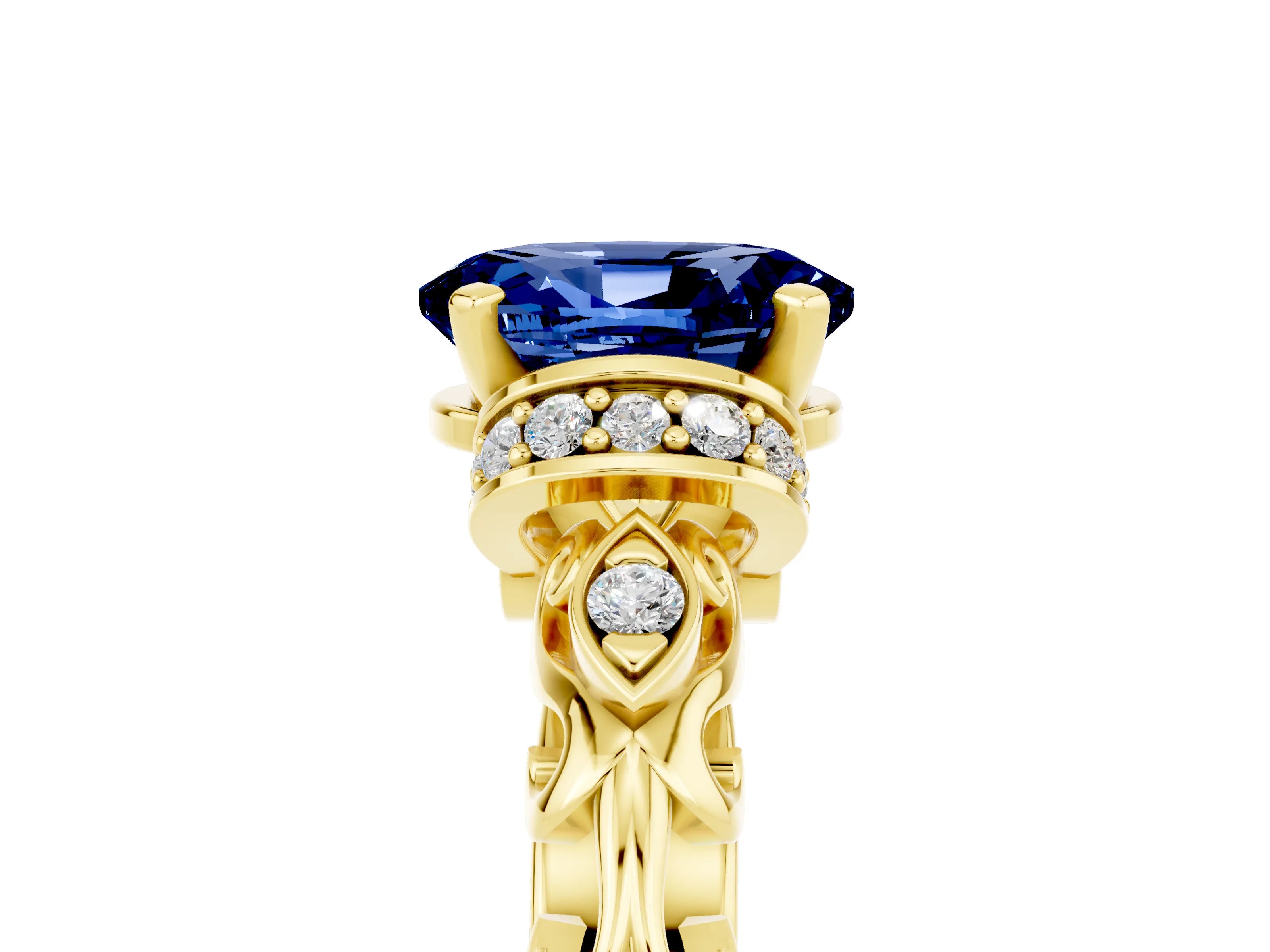 Yellow gold Oval Cut Blue Sapphire Solitaire Ring with Filigree Band and Four-Prong Setting_29