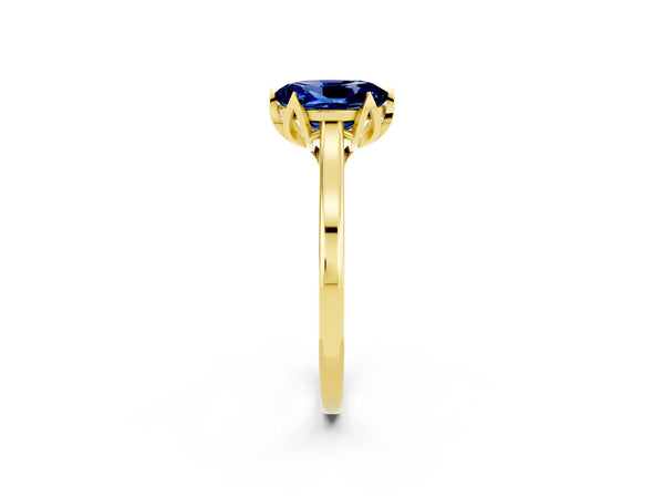 Yellow gold Oval Cut Blue Sapphire Solitaire Ring with Flower Prong Setting and Classic Band