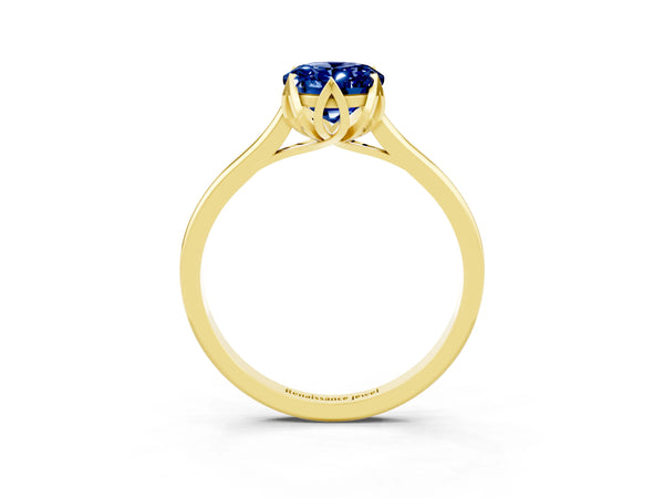 Yellow gold Oval Cut Blue Sapphire Solitaire Ring with Flower Prong Setting and Classic Band