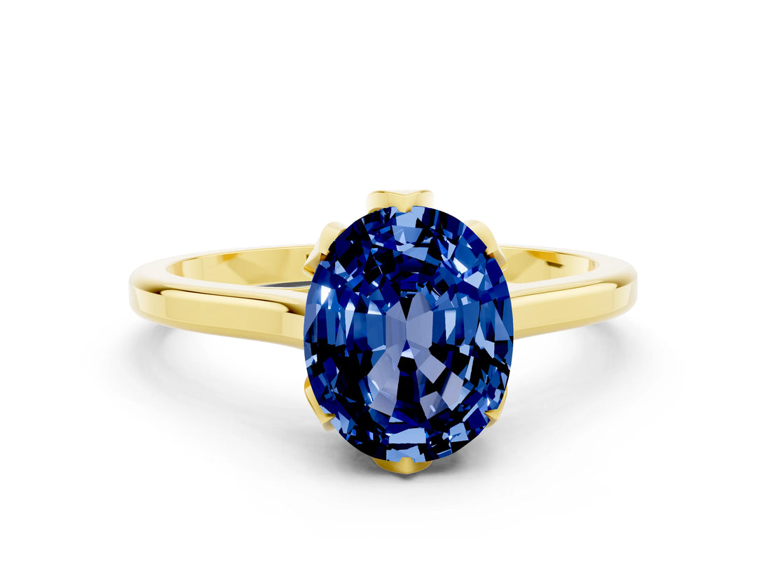 Yellow gold Oval Cut Blue Sapphire Solitaire Ring with Flower Prong Setting and Classic Band_36
