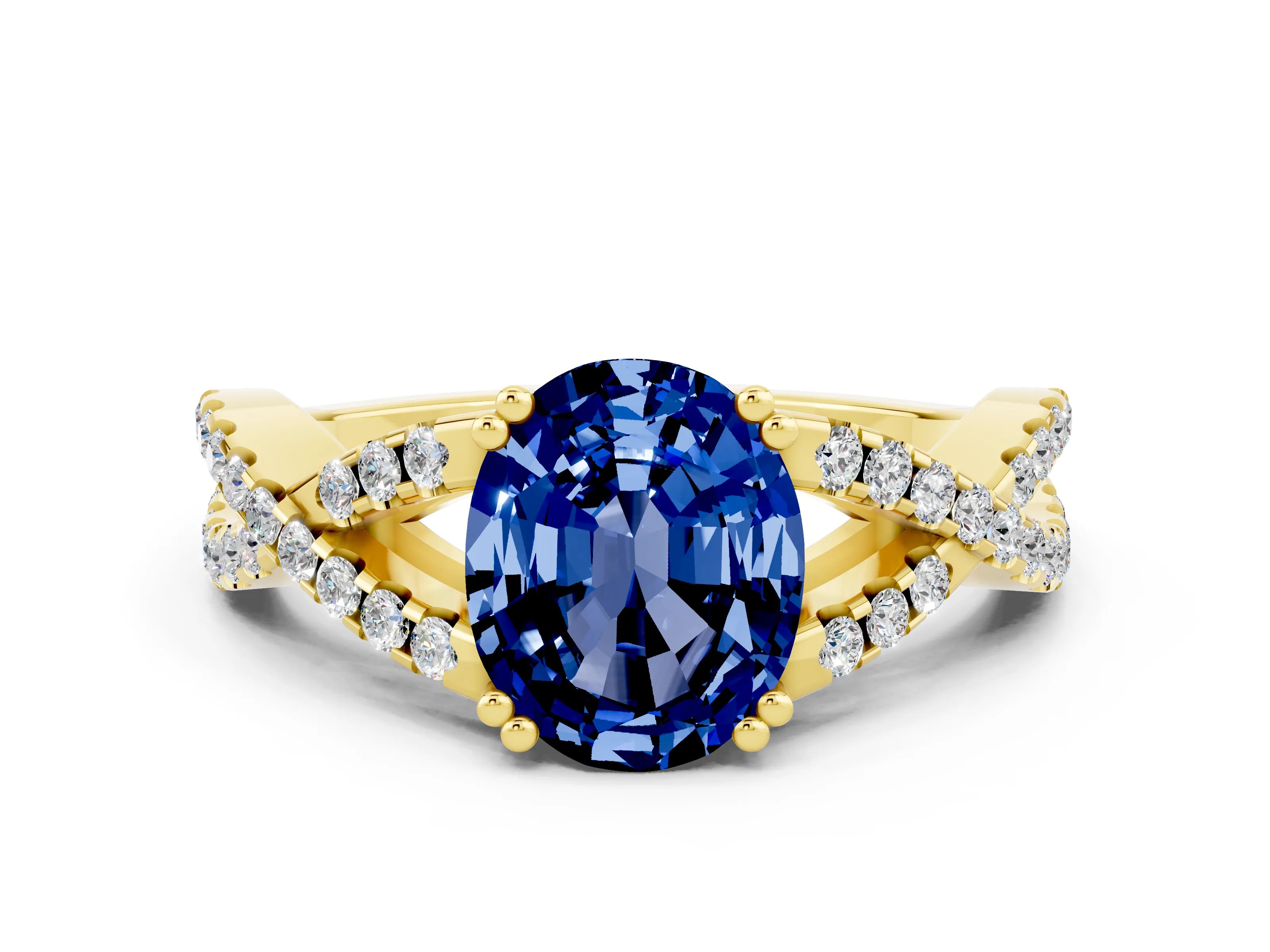 Yellow gold Oval Cut Blue Sapphire Solitaire Ring with Four-Prong Setting and Twisted Pavé Band