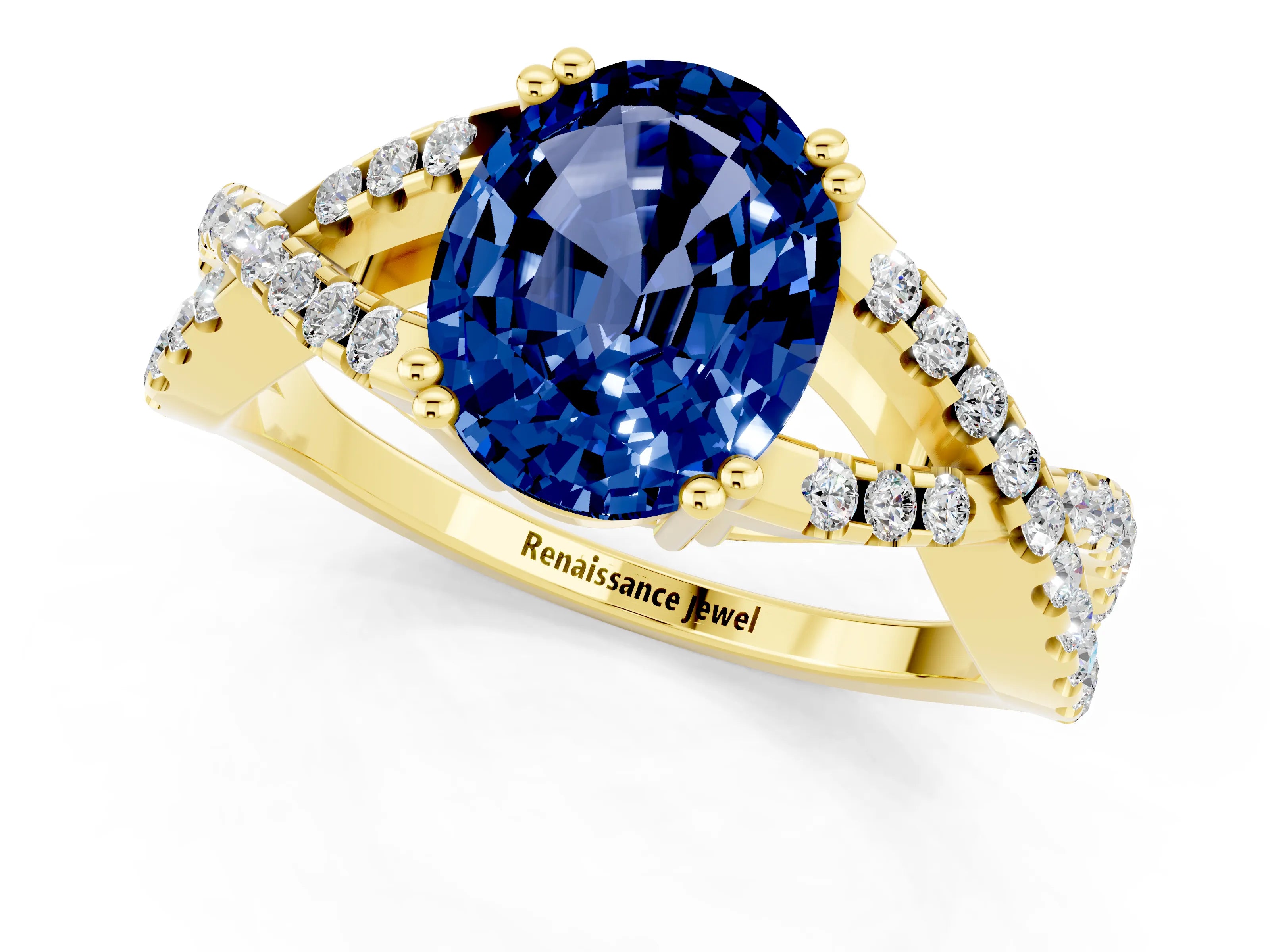 Yellow gold Oval Cut Blue Sapphire Solitaire Ring with Four-Prong Setting and Twisted Pavé Band_1