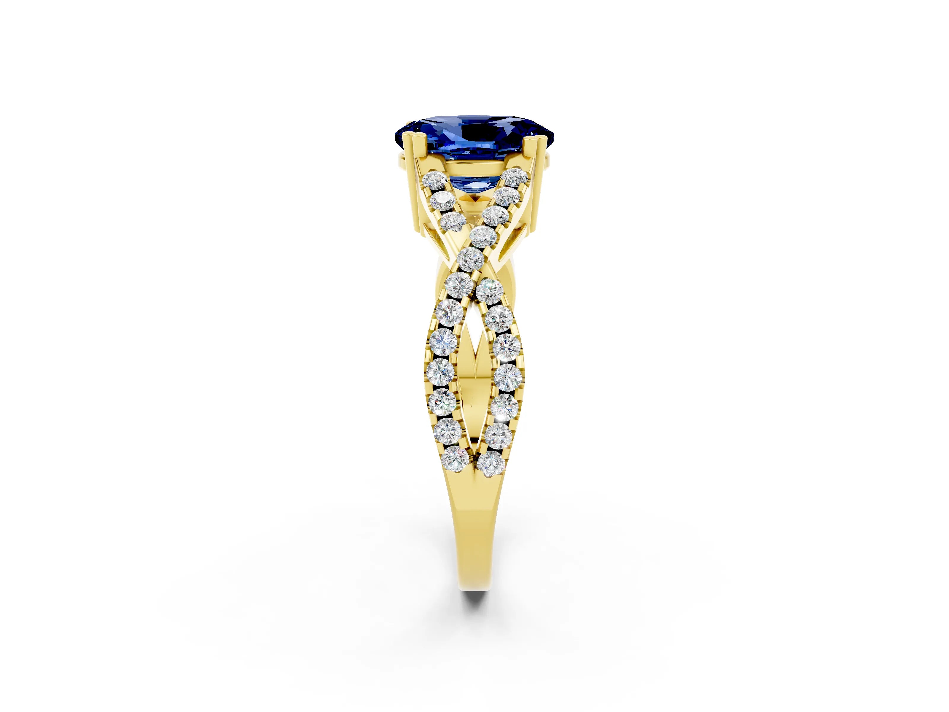 Yellow gold Oval Cut Blue Sapphire Solitaire Ring with Four-Prong Setting and Twisted Pavé Band_2
