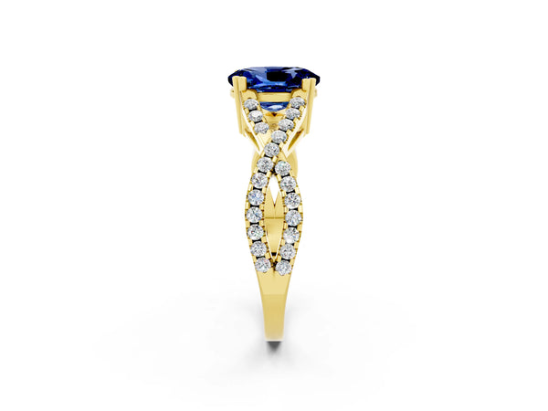 Yellow gold Oval Cut Blue Sapphire Solitaire Ring with Four-Prong Setting and Twisted Pavé Band