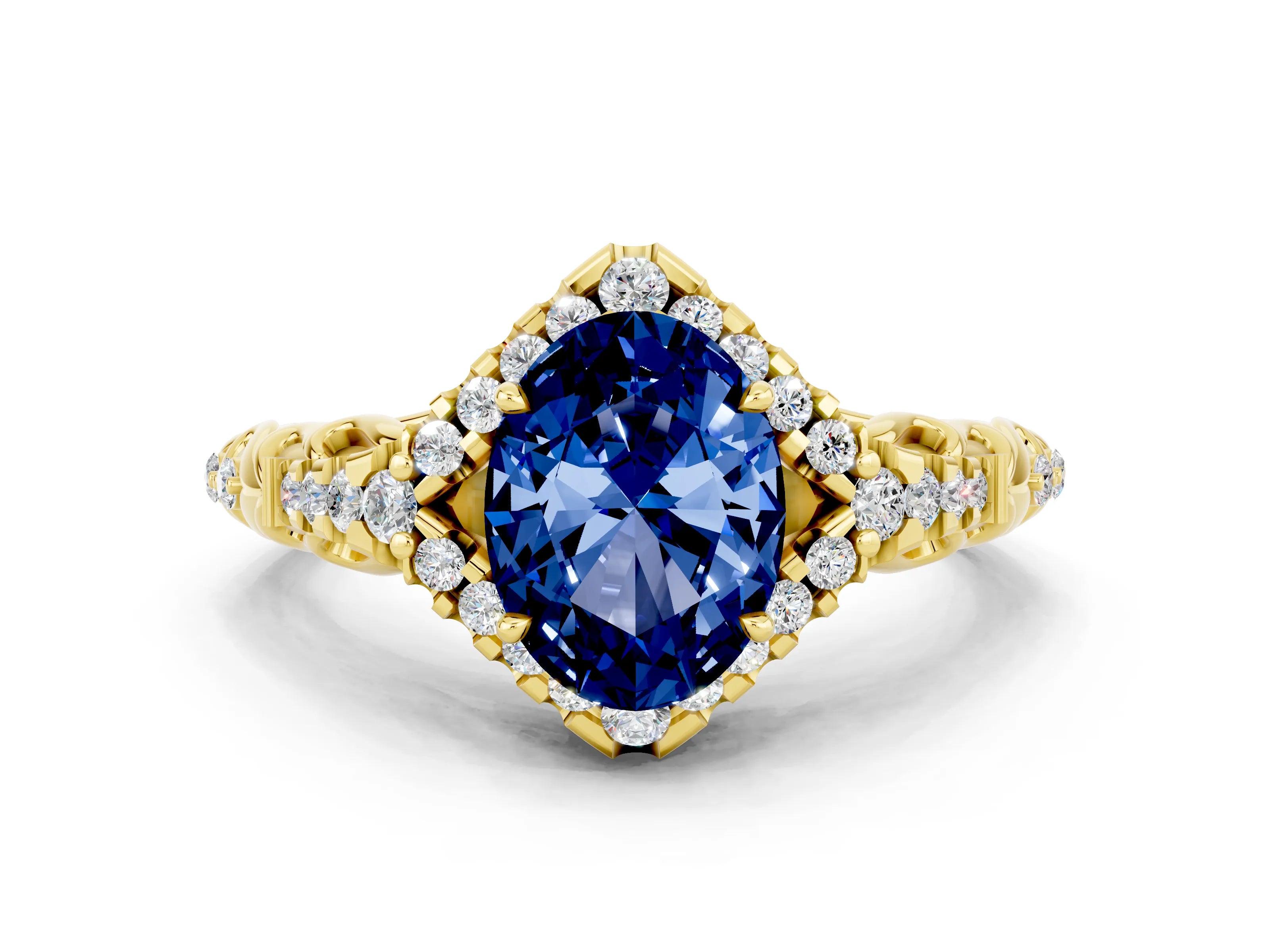 Yellow gold Oval Cut Blue Sapphire Solitaire Ring with Hidden Halo and Pavé Band_12
