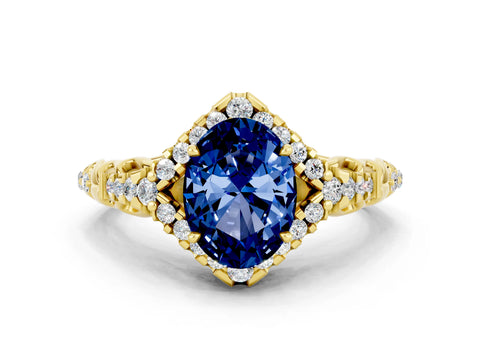 Yellow gold Oval Cut Blue Sapphire Solitaire Ring with Hidden Halo and Pavé Band_12