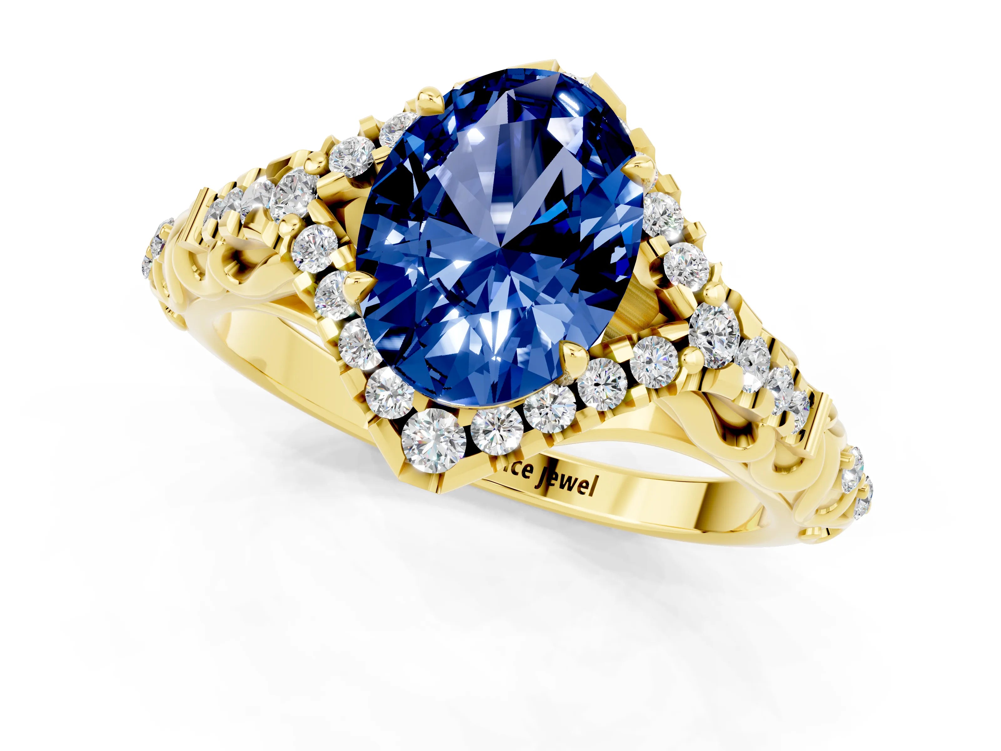 Yellow gold Oval Cut Blue Sapphire Solitaire Ring with Hidden Halo and Pavé Band_13