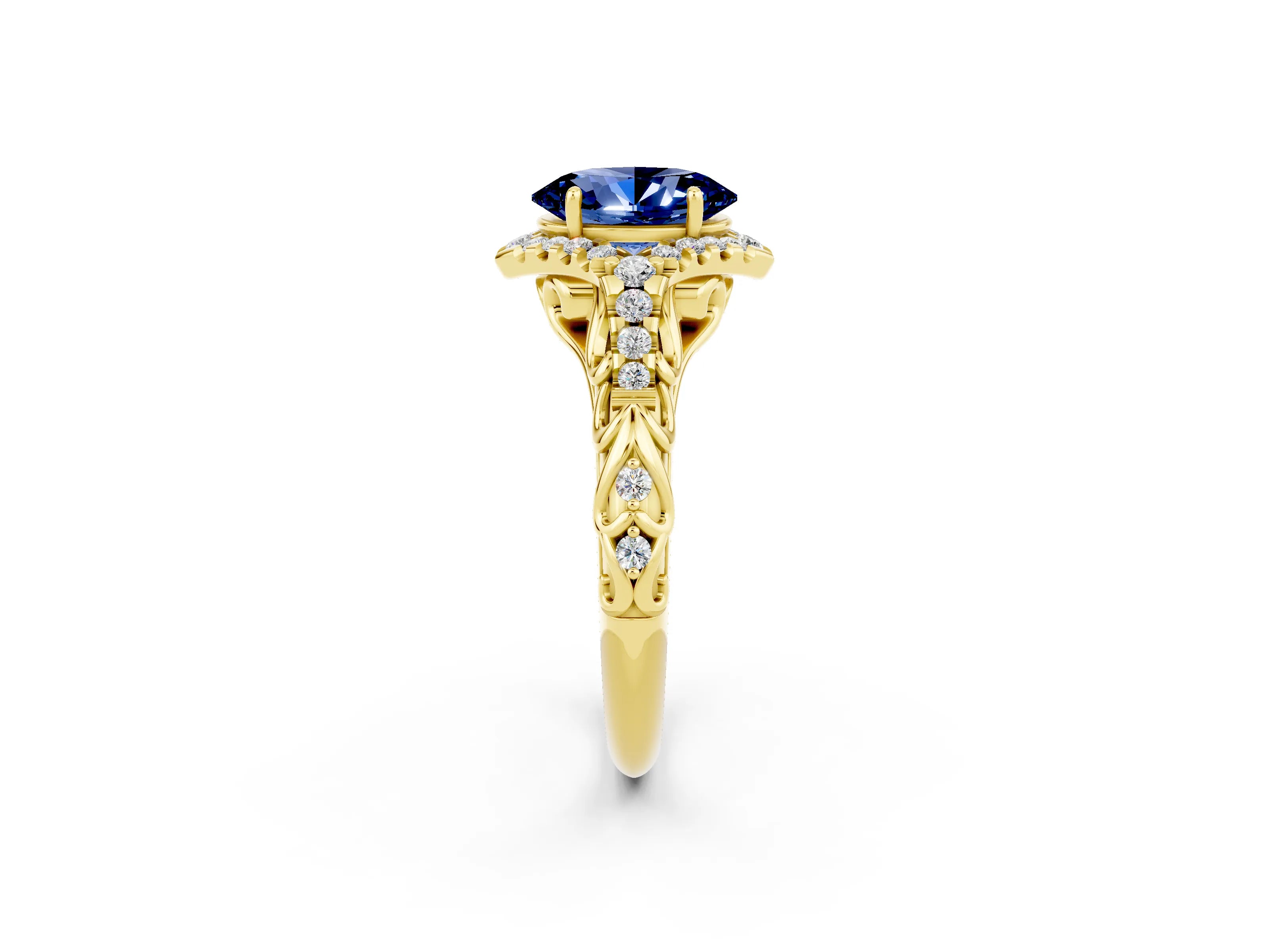 Yellow gold Oval Cut Blue Sapphire Solitaire Ring with Hidden Halo and Pavé Band_14