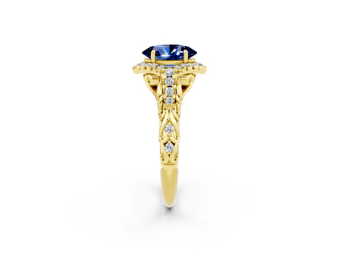 Yellow gold Oval Cut Blue Sapphire Solitaire Ring with Hidden Halo and Pavé Band_14