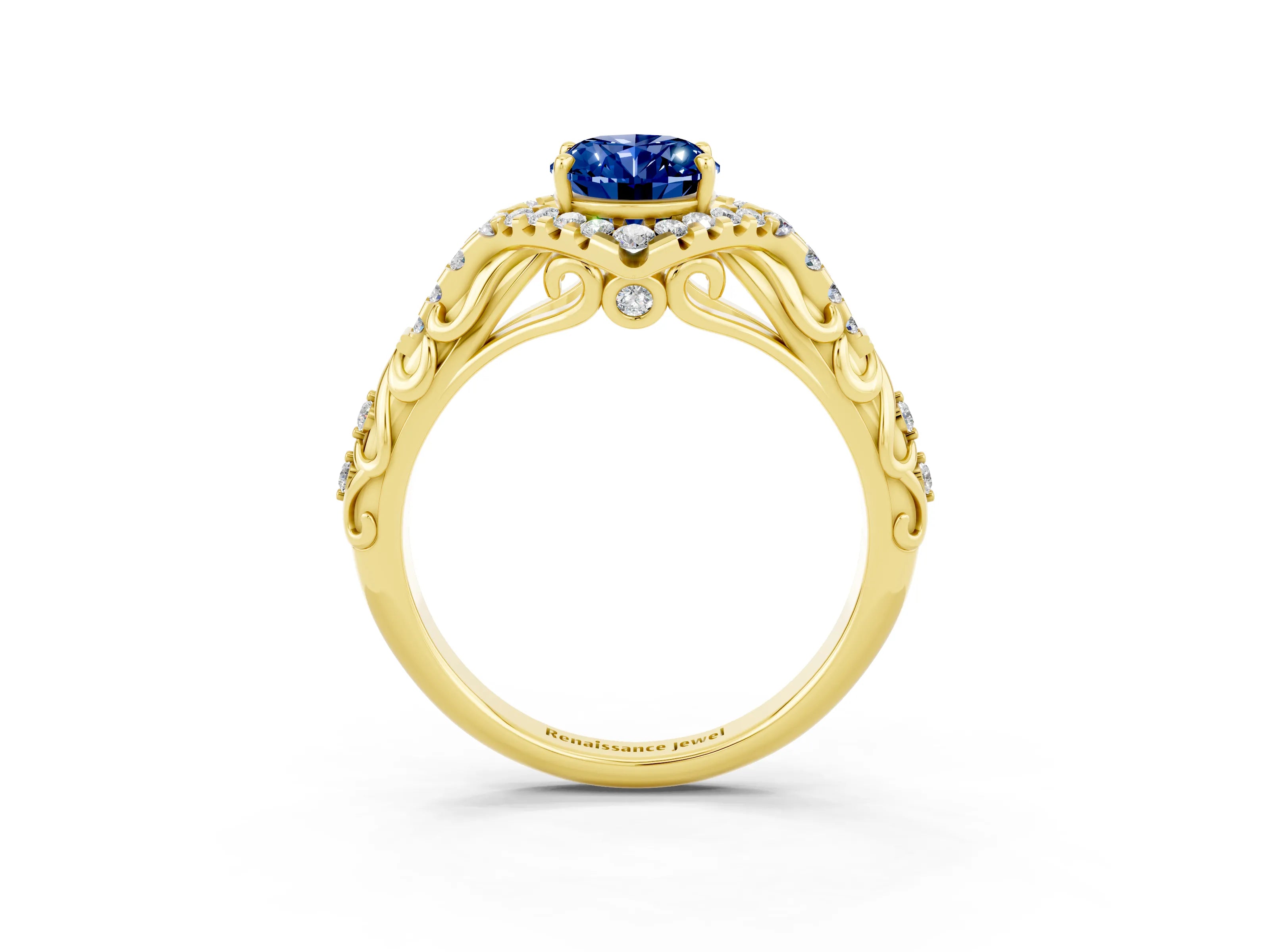 Yellow gold Oval Cut Blue Sapphire Solitaire Ring with Hidden Halo and Pavé Band_15