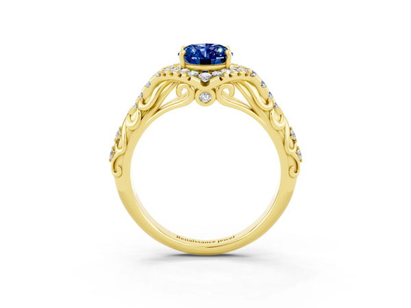 Yellow gold Oval Cut Blue Sapphire Solitaire Ring with Hidden Halo and Pavé Band
