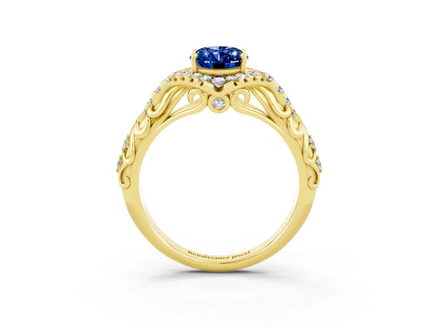 Yellow gold Oval Cut Blue Sapphire Solitaire Ring with Hidden Halo and Pavé Band_15