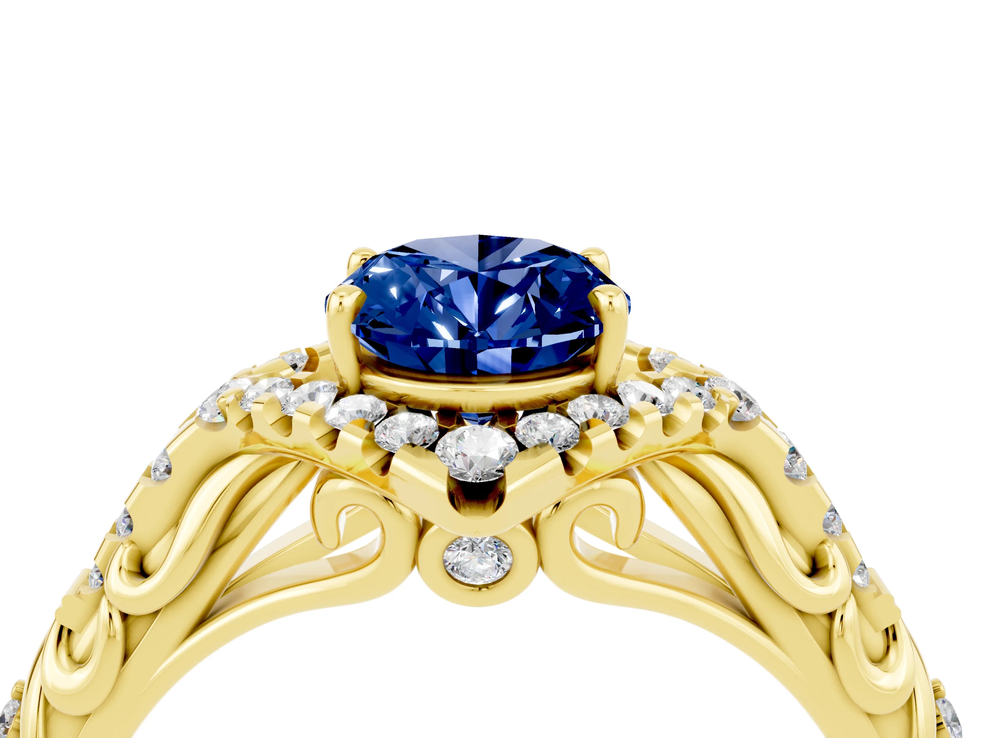 Yellow gold Oval Cut Blue Sapphire Solitaire Ring with Hidden Halo and Pavé Band_16