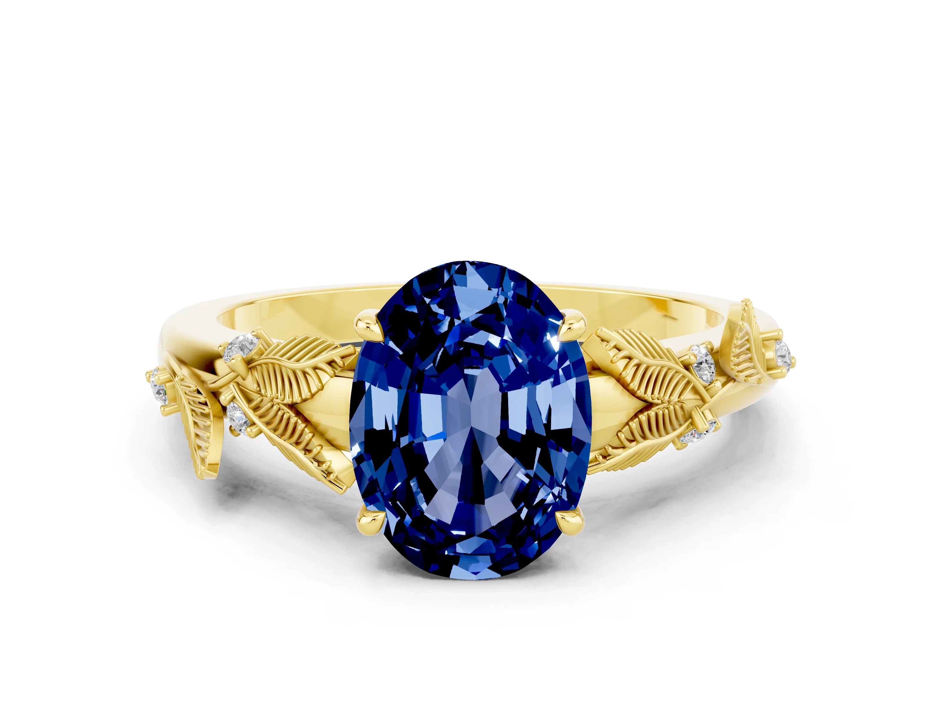Yellow gold Oval Cut Blue Sapphire Solitaire Ring with Leaf Motif Band and Four-Prong Setting