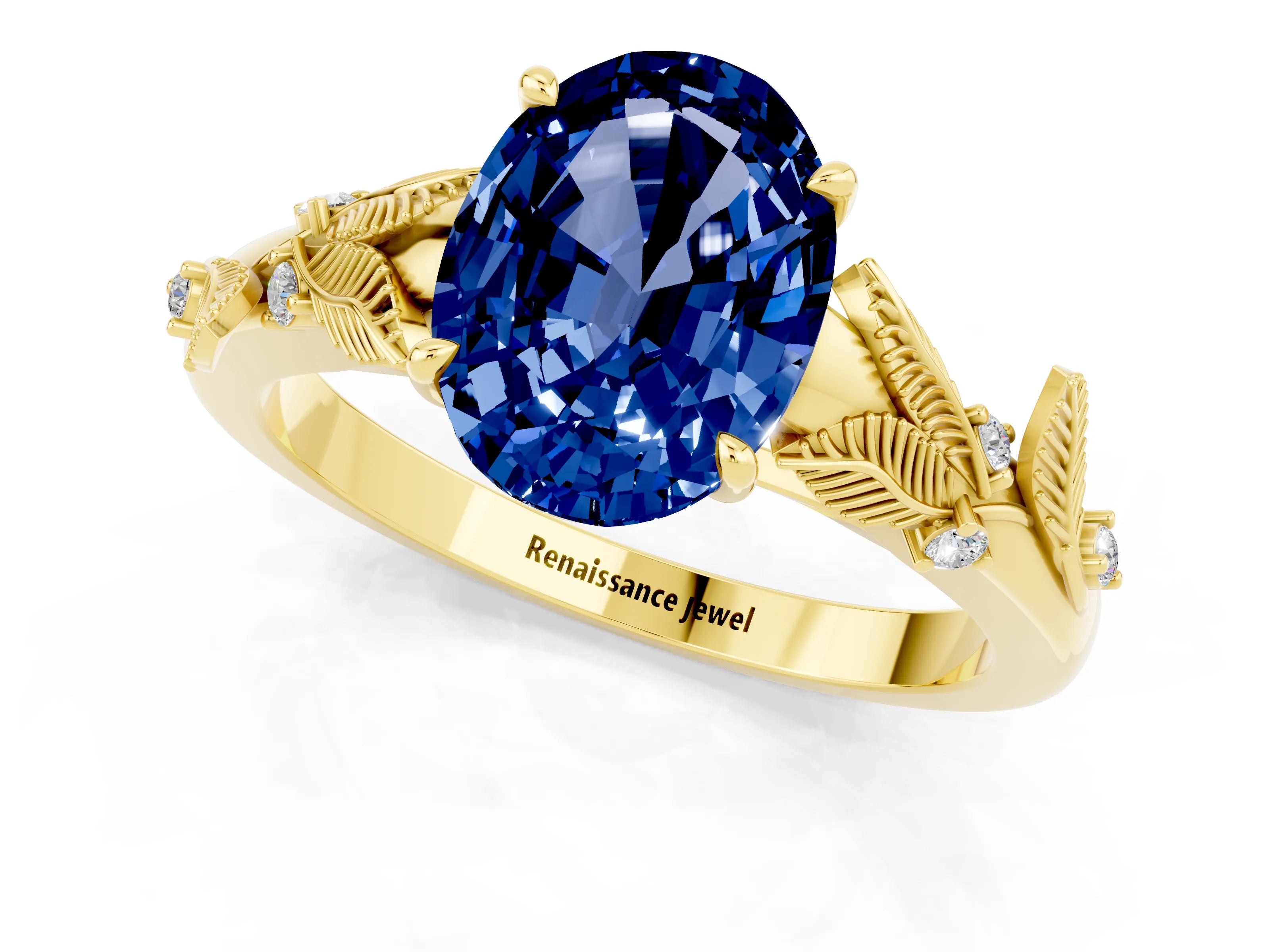Yellow gold Oval Cut Blue Sapphire Solitaire Ring with Leaf Motif Band and Four-Prong Setting_1