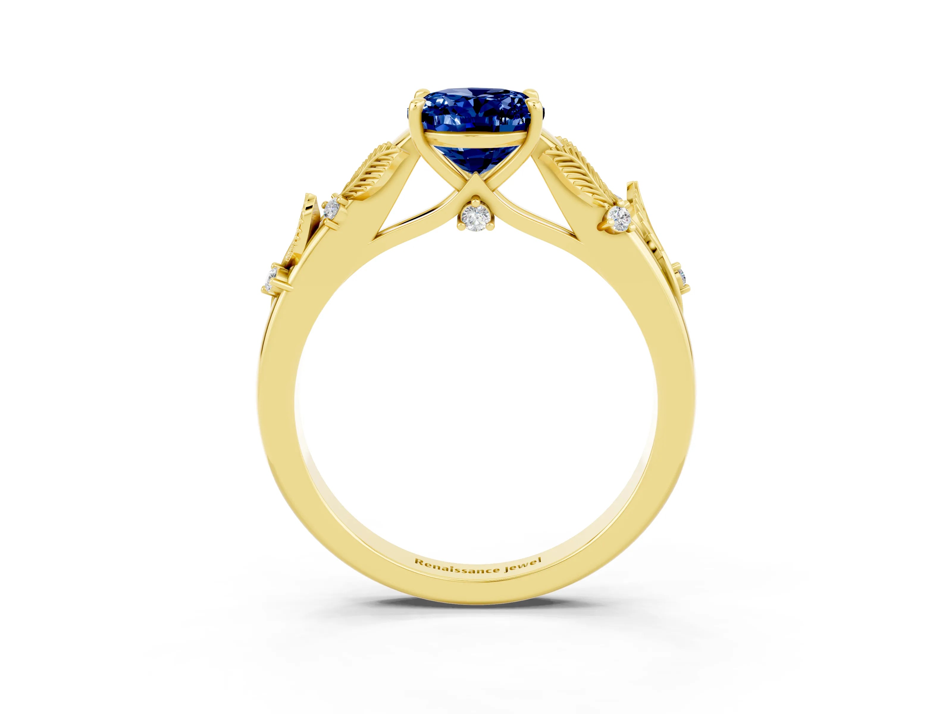 Yellow gold Oval Cut Blue Sapphire Solitaire Ring with Leaf Motif Band and Four-Prong Setting_3