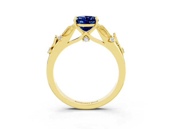 Yellow gold Oval Cut Blue Sapphire Solitaire Ring with Leaf Motif Band and Four-Prong Setting
