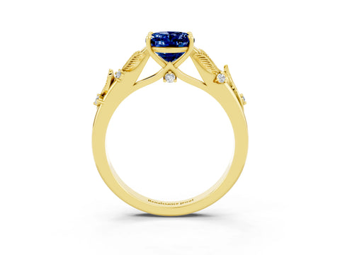 Yellow gold Oval Cut Blue Sapphire Solitaire Ring with Leaf Motif Band and Four-Prong Setting_3