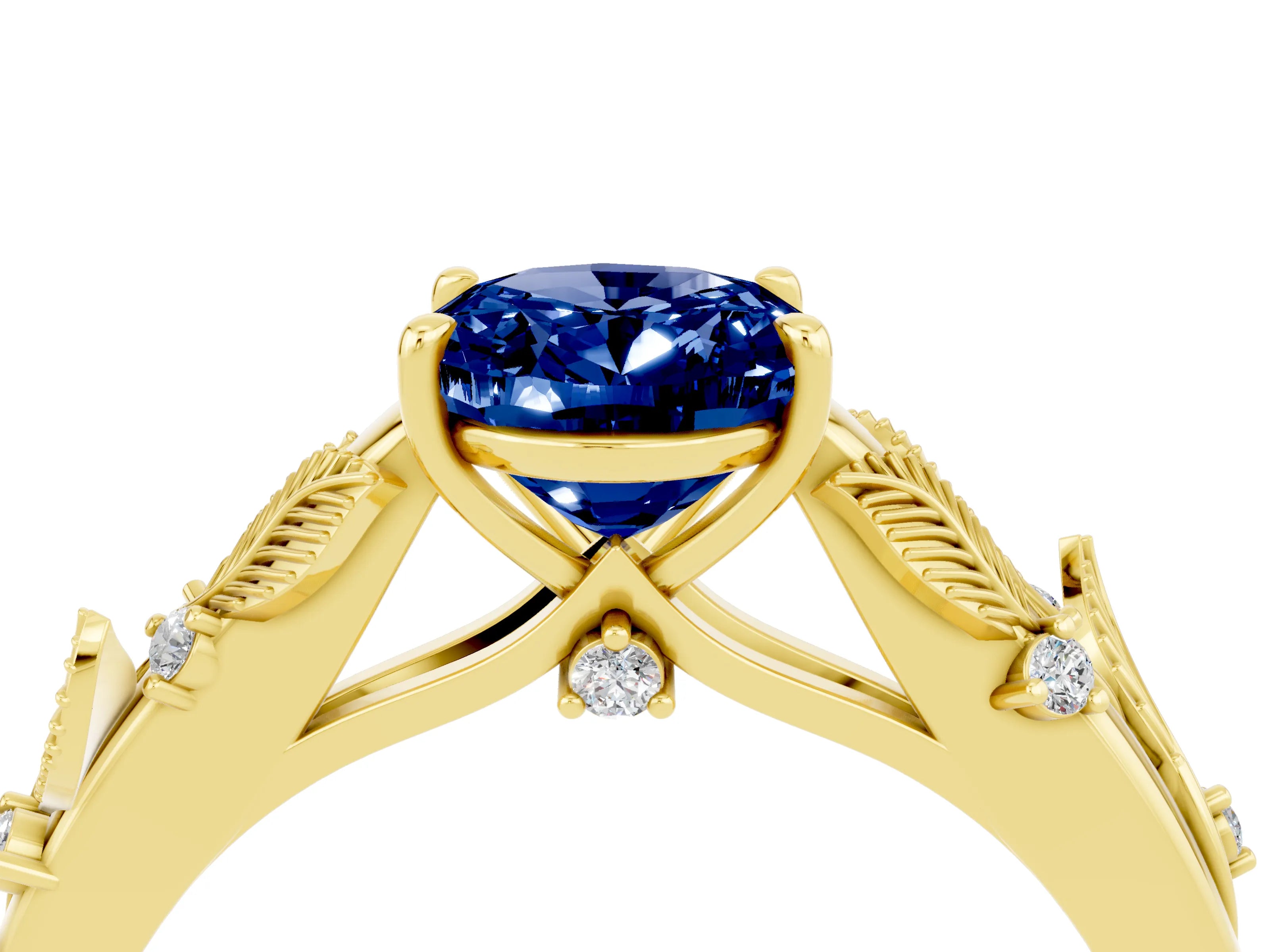 Yellow gold Oval Cut Blue Sapphire Solitaire Ring with Leaf Motif Band and Four-Prong Setting_4