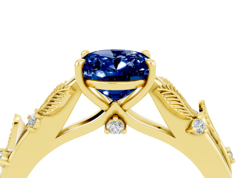 Yellow gold Oval Cut Blue Sapphire Solitaire Ring with Leaf Motif Band and Four-Prong Setting_4