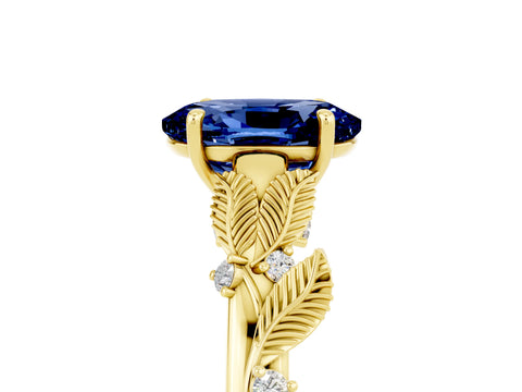 Yellow gold Oval Cut Blue Sapphire Solitaire Ring with Leaf Motif Band and Four-Prong Setting_5