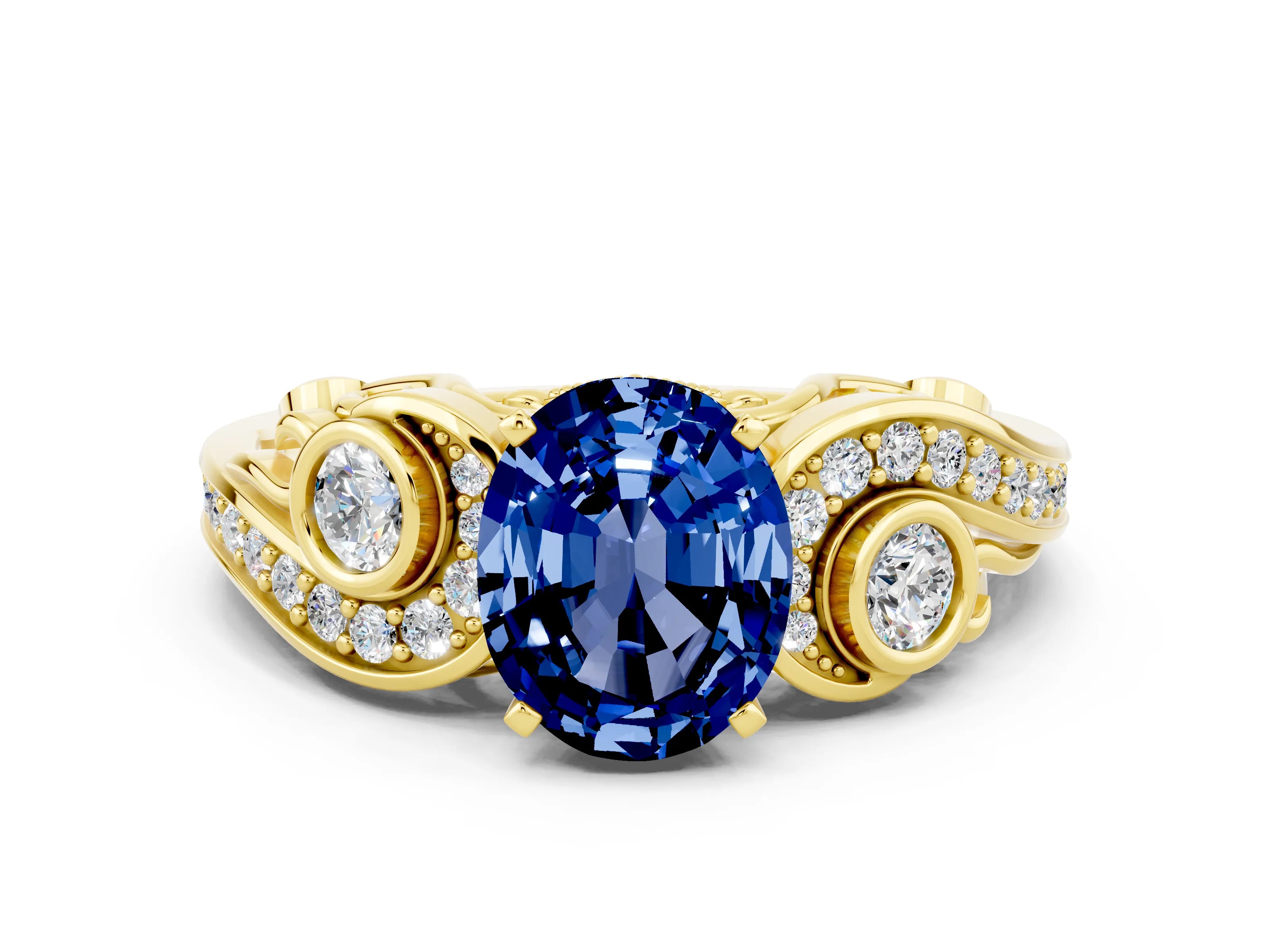 Yellow gold Oval Cut Blue Sapphire Solitaire Ring with Milgrain Pavé Band and Four-Prong Setting_24