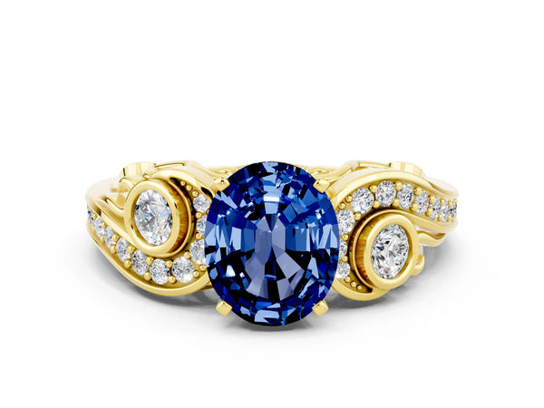 Yellow gold Oval Cut Blue Sapphire Solitaire Ring with Milgrain Pavé Band and Four-Prong Setting