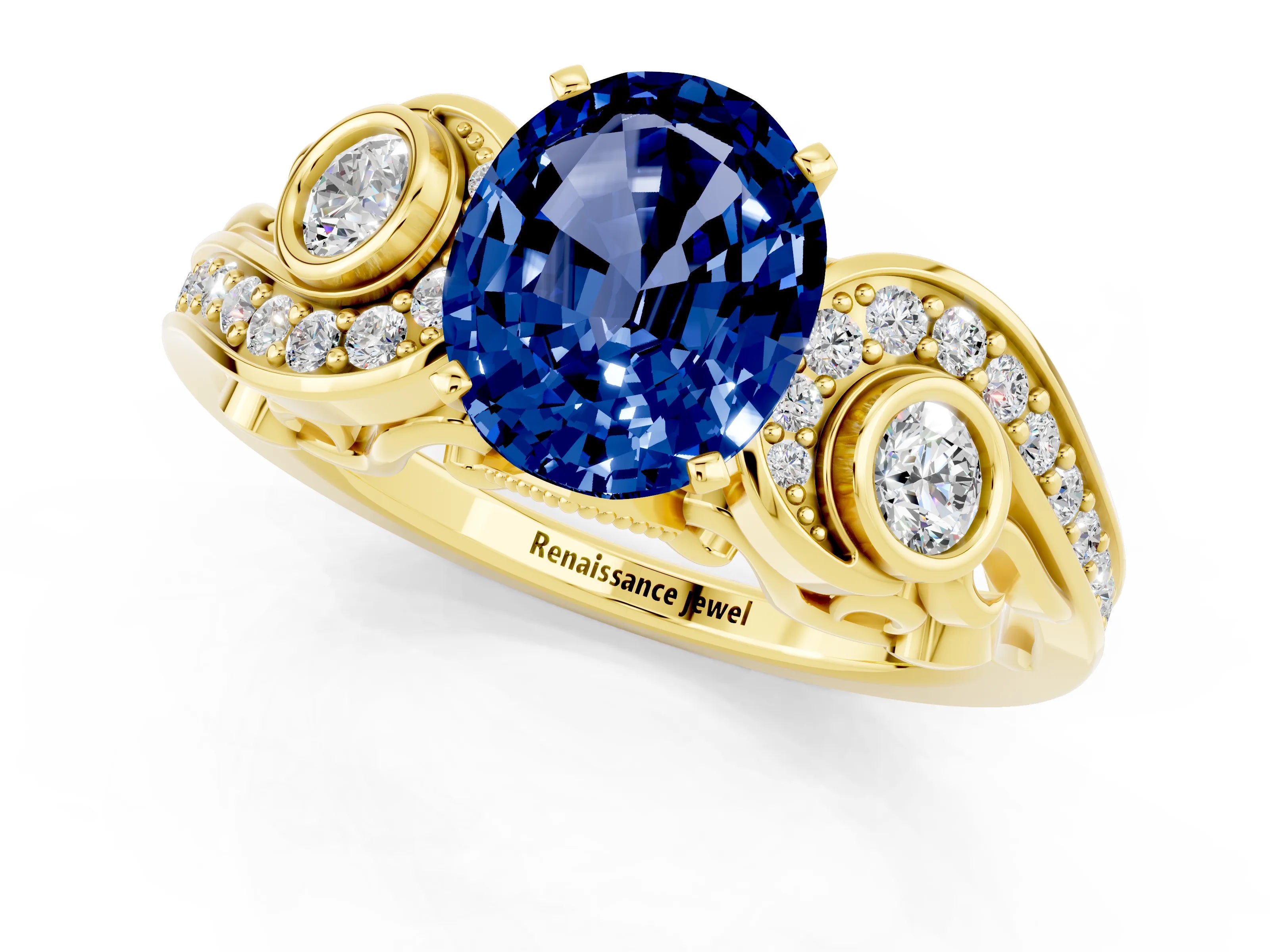 Yellow gold Oval Cut Blue Sapphire Solitaire Ring with Milgrain Pavé Band and Four-Prong Setting_25