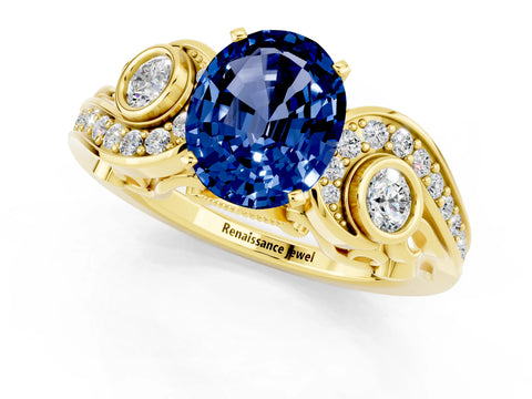 Yellow gold Oval Cut Blue Sapphire Solitaire Ring with Milgrain Pavé Band and Four-Prong Setting_25