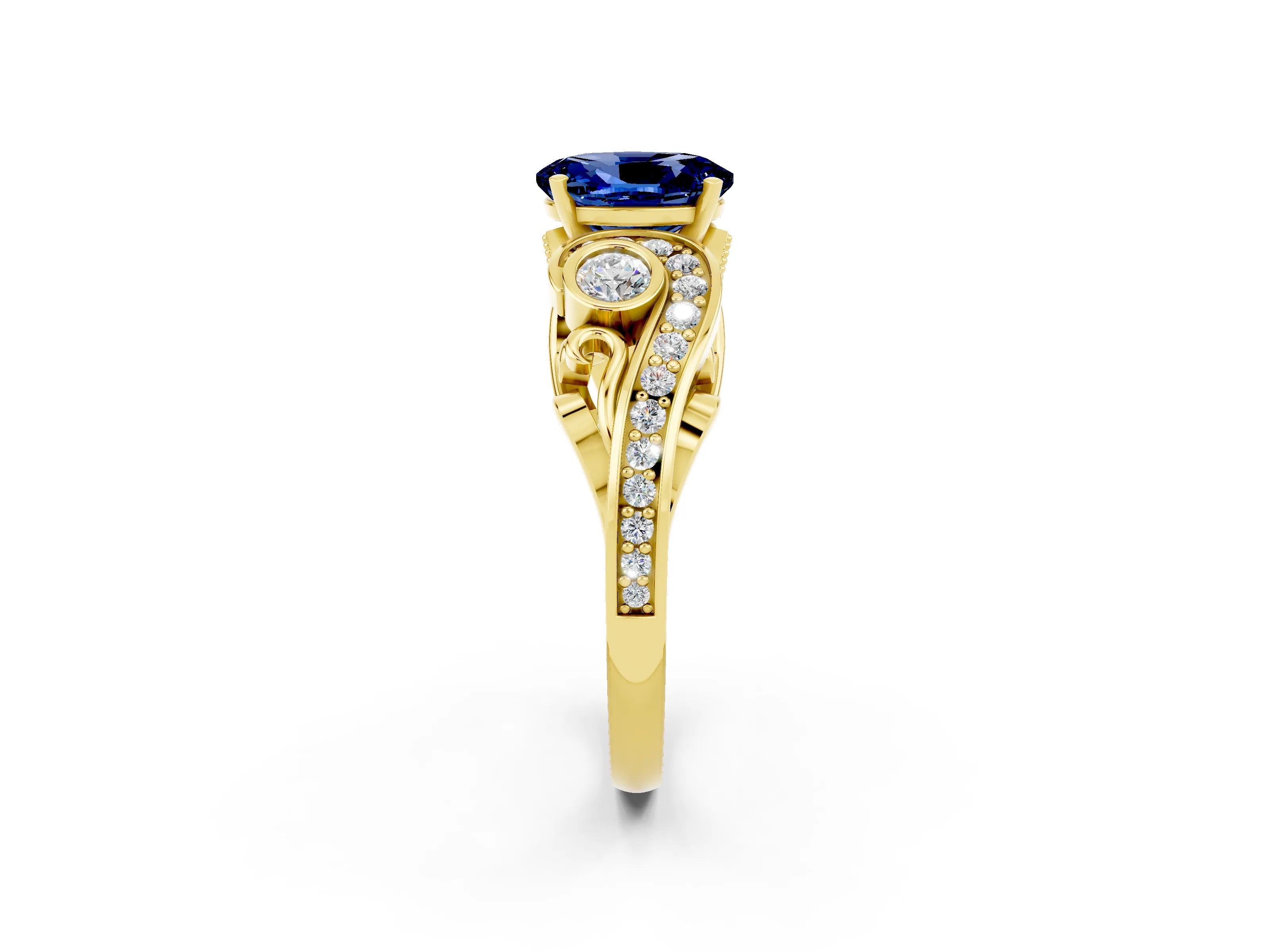 Yellow gold Oval Cut Blue Sapphire Solitaire Ring with Milgrain Pavé Band and Four-Prong Setting_26