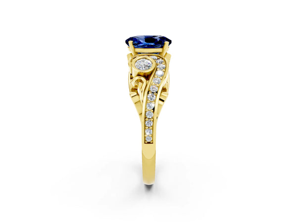 Yellow gold Oval Cut Blue Sapphire Solitaire Ring with Milgrain Pavé Band and Four-Prong Setting