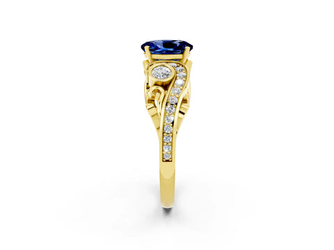 Yellow gold Oval Cut Blue Sapphire Solitaire Ring with Milgrain Pavé Band and Four-Prong Setting_26
