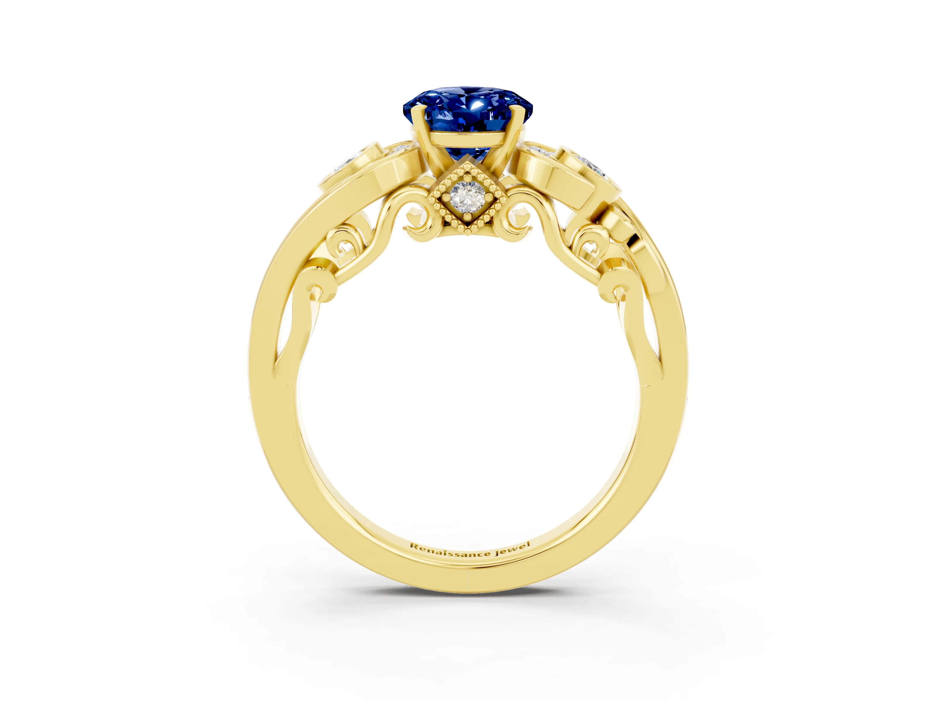 Yellow gold Oval Cut Blue Sapphire Solitaire Ring with Milgrain Pavé Band and Four-Prong Setting_27