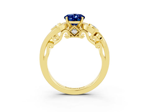 Yellow gold Oval Cut Blue Sapphire Solitaire Ring with Milgrain Pavé Band and Four-Prong Setting_27