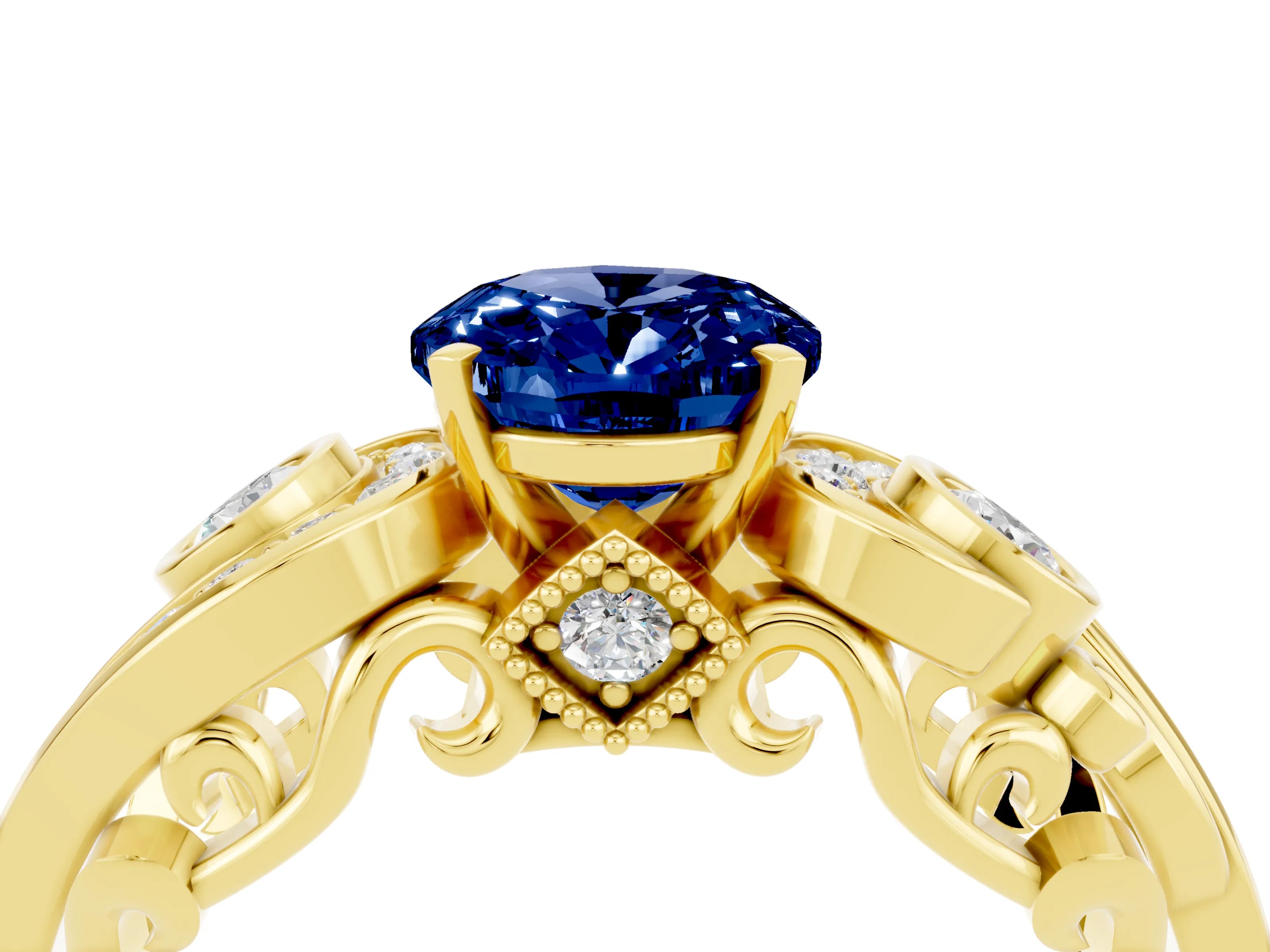 Yellow gold Oval Cut Blue Sapphire Solitaire Ring with Milgrain Pavé Band and Four-Prong Setting_28