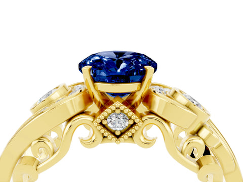 Yellow gold Oval Cut Blue Sapphire Solitaire Ring with Milgrain Pavé Band and Four-Prong Setting_28