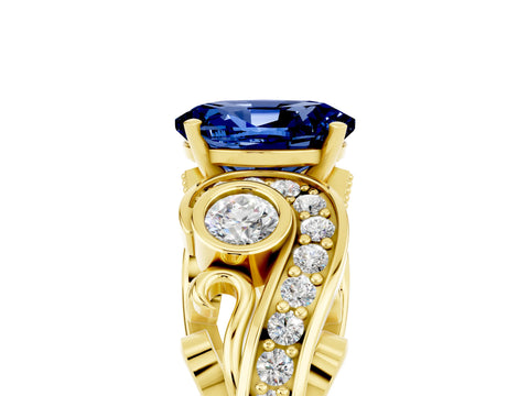 Yellow gold Oval Cut Blue Sapphire Solitaire Ring with Milgrain Pavé Band and Four-Prong Setting_29